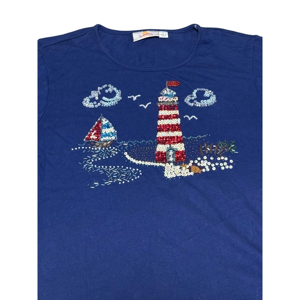Quacker Factory Sequin USA red‎ white blue Sailboat Top Sz L Nautical Lighthouse